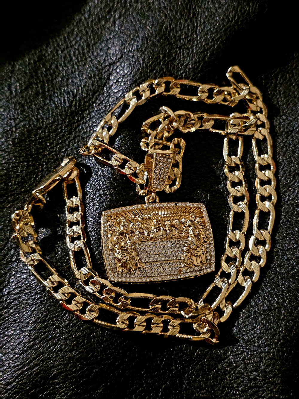 Last  Supper Source Unknown Gold Silver Pave Rectangular Pendant Chain Necklace
